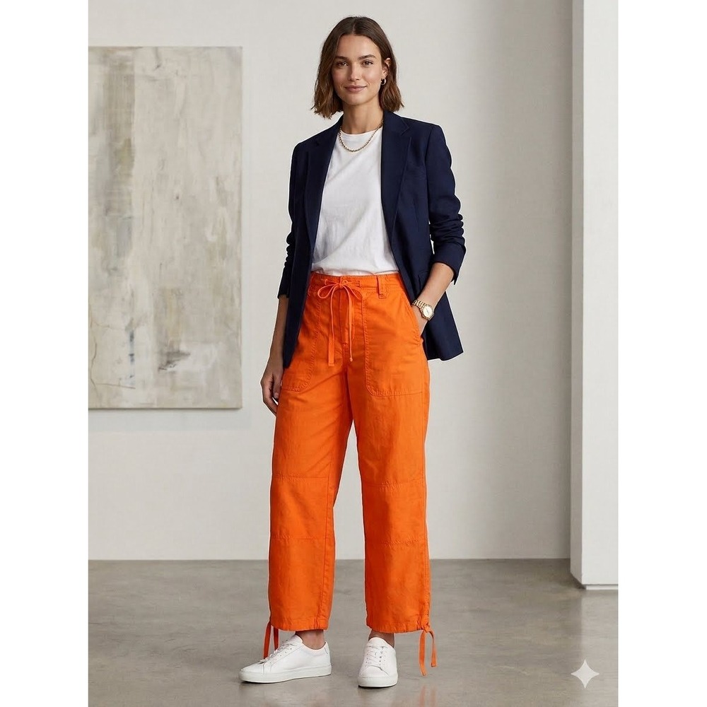 Lauren Ralph Lauren Orange Cotton Cargo Crop Pants Drawstring Tie Hem Size 10
